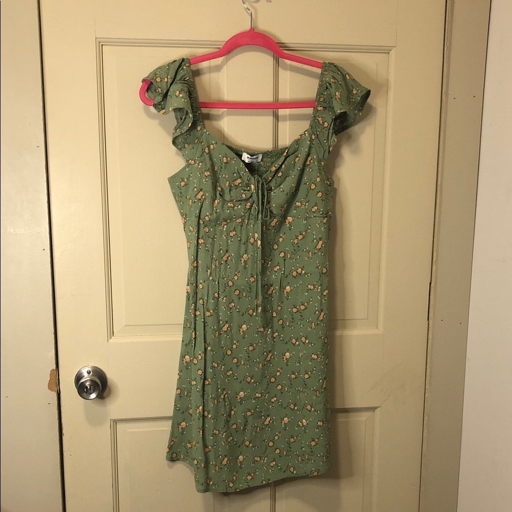 Green Floral Ruffle Sleeve Mini Dress Empire Waist